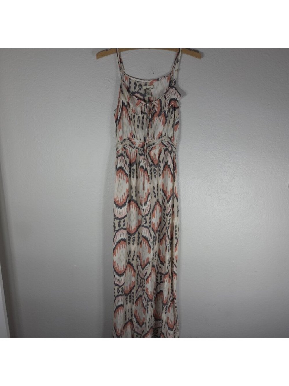 Lani Viscose Beige Tank Dress Maxi Spaghetti Strap Ruffle V-Neck Size M